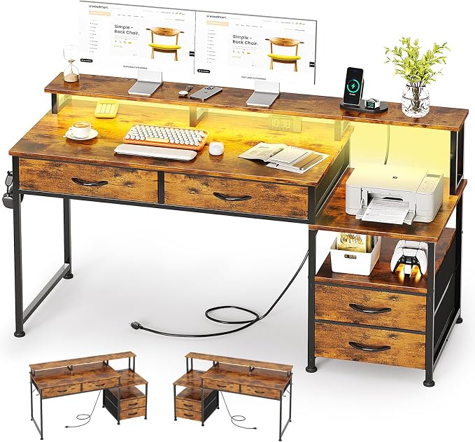 53" Computer Desk with 4 Drawers & Power Outlets, Reversible Home Office Desk with Monitor Stand & Printer Stand, Gaming Desks with Led Lights, Study Writing Work Desks Table for Bedroom, Vintage by MUTUN