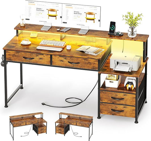 53" Computer Desk with 4 Drawers & Power Outlets, Reversible Home Office Desk with Monitor Stand & Printer Stand, Gaming Desks with Led Lights, Study Writing Work Desks Table for Bedroom, Vintage by MUTUN