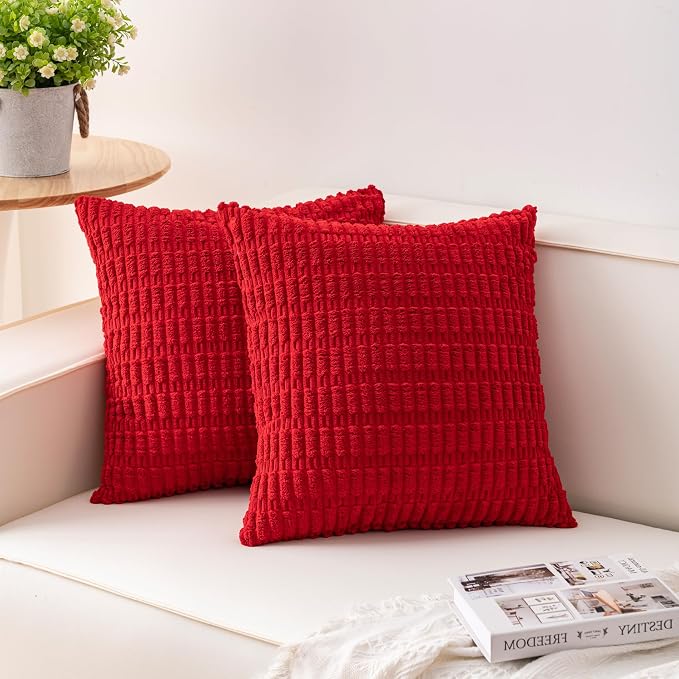 Aegero Pack of 2 Christmas Red Corduroy Decorative Throw Pillow Covers 22x22 Inch Soft Striped Pillow Covers Modern Farmhouse Home Decor for Sofa Living Room Couch Bed（Red） by Unknown
