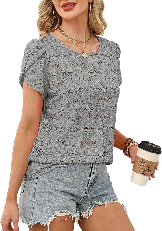 OFEEFAN Blouses for Women Dressy Casual Petal Short Sleeve Shirts Crochet Lace Boho Tops Spring Fashion Summer Outfits - Image 4