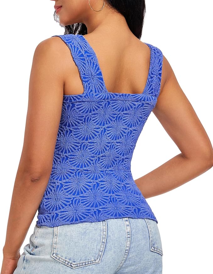 Women's Square Neck Wide Strap Crop Tank Tops Flower Going Out Tops Slim Fit Lettuce Trim Crop Cami Tops - Image 2