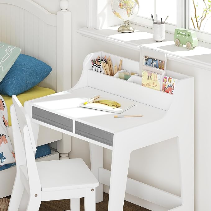 UTEX Wooden Kids Desk and Chair Set with 2 Fabrics Drawers for Study Room | Kids Study Desk with Stand-up Organizer, Water-based Paint, Student Writing Desk for Bedroom - Image 4