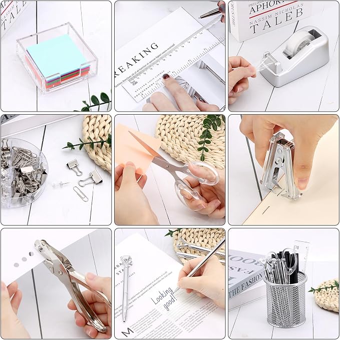 17 in1 Silvery Desk Organizers and Accessories Set, 3 Office Desk Supplies Storage Organization, 4 Pens, Stapler, Staples & Remover, Tape & Dispenser, Scissors, Ruler, Clips, Hole Punch Back to School - Image 5