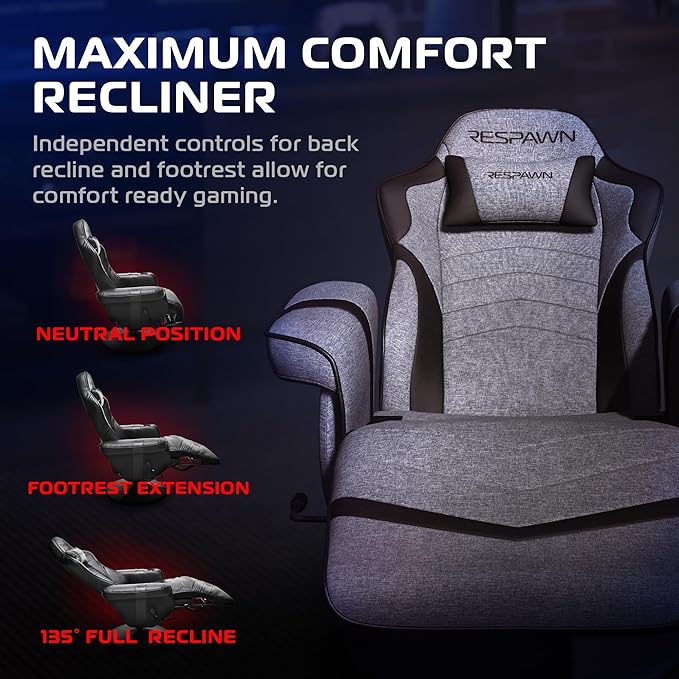 RESPAWN 900 Gaming Recliner Chair with Footrest, Cup Holder and Swivel | Ergonomic gaming recliner with footrest, cup holder, lumbar support, 135° recline & 360° swivel for console gaming - Image 4