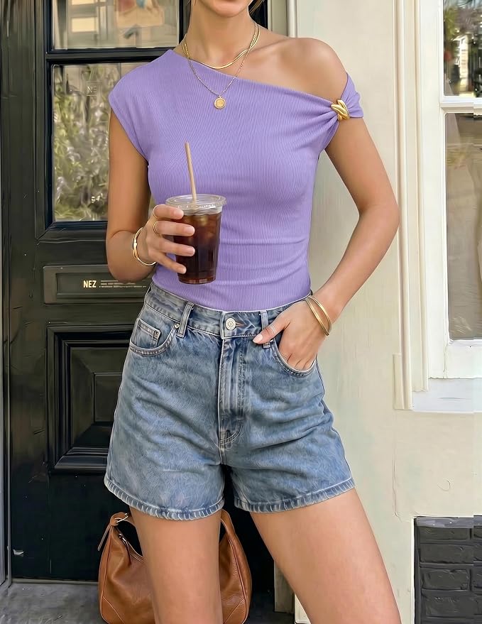 ZESICA Women's 2026 Summer Off Shoulder Tops Going Out Sexy Y2k Shirts Spring Cap Sleeve Ruched Asymmetrical Blouses - Image 5