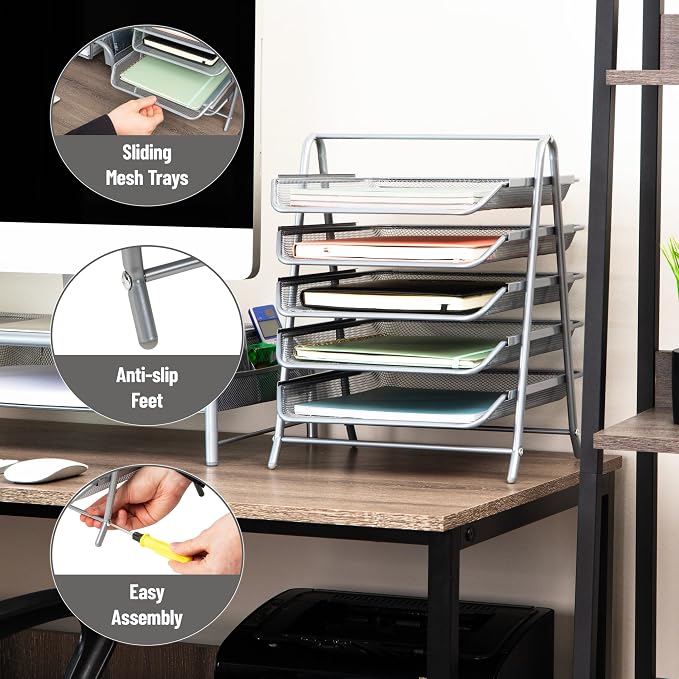 Mind Reader 5-Tier Paper Tray Organizer, Vertical Desktop File Storage Rack, Office, Metal Mesh, Silver - Image 4