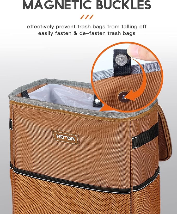 HOTOR 3 Gallons Car Trash Can, Ultra Large Capacity Organizer and Storage with Adjustable Straps & Magnetic Snaps, Waterproof Car Accessory for Interior Car Stuff Storage, Brown - Image 3