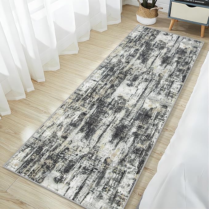 2'6''x8' Runner Rugs Washable Rug: Modern Abstract Hallway Runner Rug Indoor Soft Low Pile Thin Carpet Anti-Skid Non-Shedding Carpets for Kitchen, Entryway, Laundry, Bedroom - Black Grey Gold - Image 3