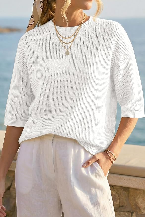Arach&Cloz Womens Summer 100% Cotton Oversized Crochet Tops 3/4 Length Sleeve Sweater Hollow Out Casual Blouses 2026 - Image 2
