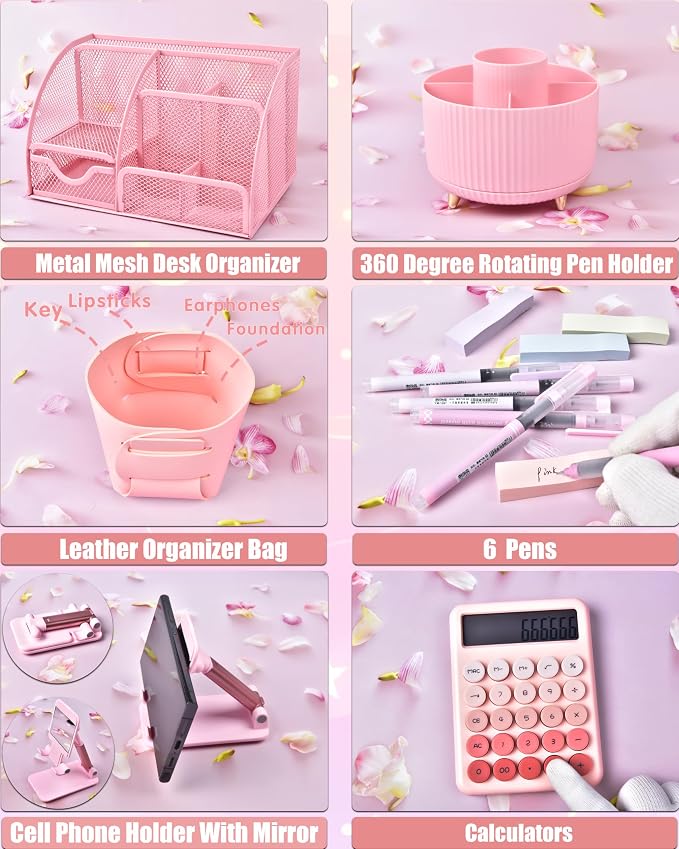 LXEVIHK 21Pcs Pink Desk Organizers and Accessories With Mesh Desk Organizer and 360°Rotating Pen Holder and a Lot of Office Pink Office Supplies Beautifully Presented in a Gift Box - Image 4