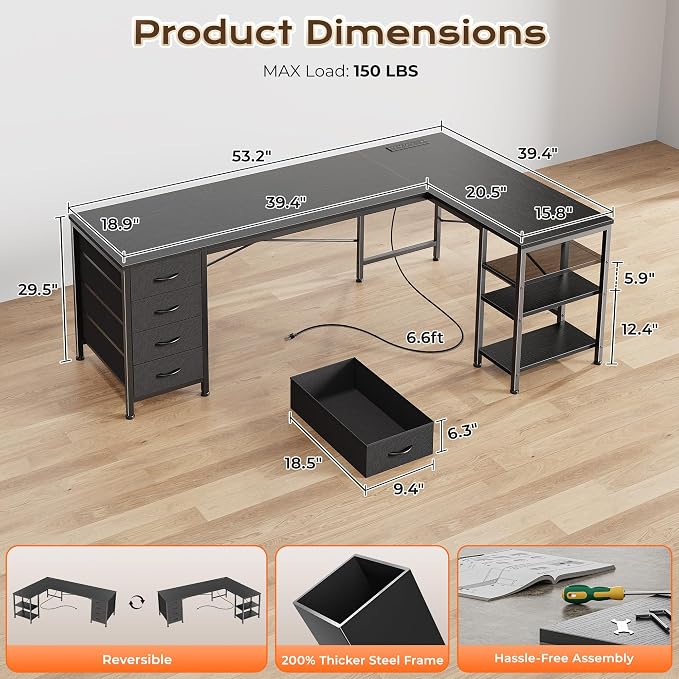 Huuger 55 Inch L Shaped Desk with Fabric Drawers, Reversible Computer Gaming Desk with Power Outlets and USB-C Port, Adjustable Side Storage Shelves, for Work Study Corner Home Office, Black - Image 3