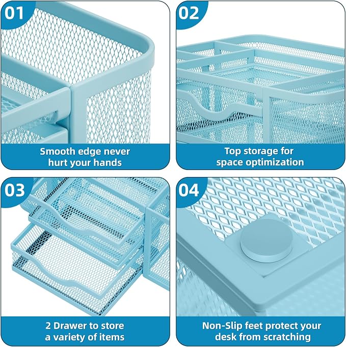 Marbrasse Mesh Desk Organizer, Pen Organizer with 2 Drawer, Multi-Functional Pencil Holder, Desk Organizers and Accessories with 5 Compartments + Drawer for Office Art Supplies (Blue) - Image 6