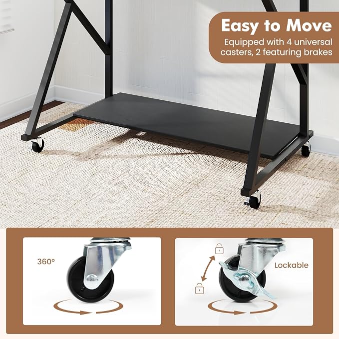 Giantex Rolling Computer Desk with Charging Station, Mobile Portable Laptop Desk with Monitor Stand & Storage Shelf, Small Desk with Lockable Wheels for Small Spaces, Home Office (Black) - Image 8