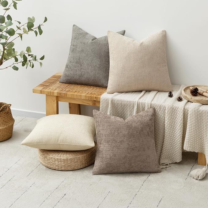 MIULEE Pack of 4 Couch Throw Pillow Covers 22x22 Inch Neutral Beige/Brown Soft Decorative Chenille Pillow Covers Farmhouse Accent Cushion Covers for Boho Spring Home Decor Sofa Bedroom Living Room - Image 4