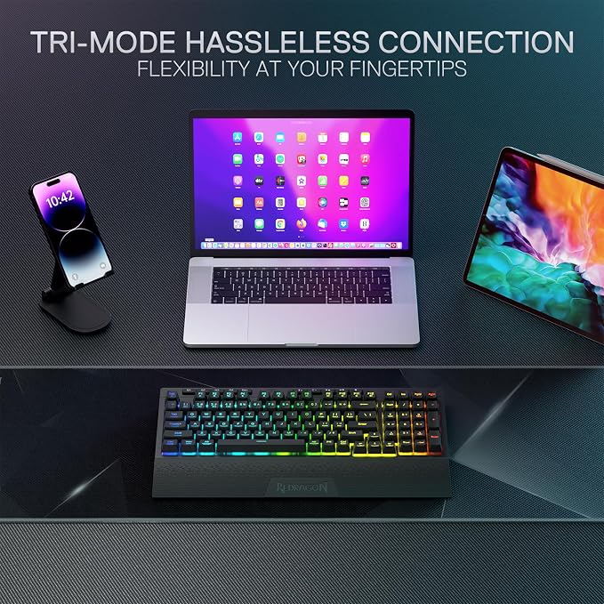Redragon K515 PRO Shiva RGB Wireless Membrane Gaming Keyboard, 98 Keys Mechanical-Feel Keyboard w/Smooth Linear Switch, On-Board Macro & Multimedia Keys, Detachable Wrist Rest, Software Supported - Image 3
