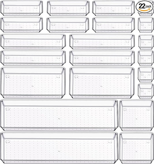 Criusia 22 Pcs Drawer Organizer Bins, Acrylic Non Slip Kitchen Drawer Organizers Storage Tray Divider, Multifunctional Storage for Cosmetics, Bathroom, Tools, Kitchen and Office by Criusia