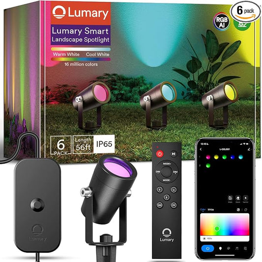 Lumary Smart Landscape Lights Gen2, 56FT Outdoor Spotlights, 6 Pack | RGBAIWW Color Changing, Warm White, IP65 Outdoor Rated, APP/Alexa/Google/Remote, 56FT Cable for Yard & Pathway by Lumary