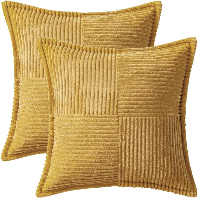 MIULEE Decorative Throw Pillow Covers for Couch Bed Livingroom 18x18 Inch Set of 2 Gold Boho Accent Throw Pllows Broadside Striped Patchwork Soft Corduroy Summer Pillowcases - Image 6