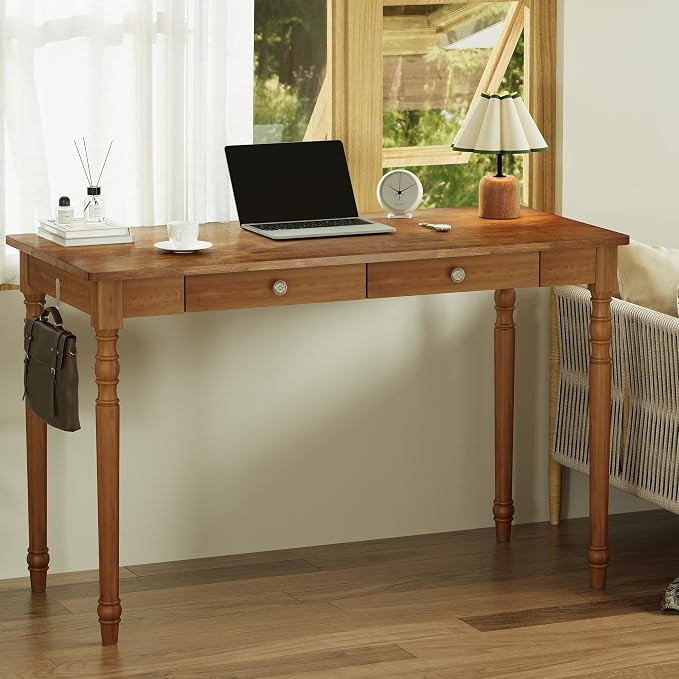 Vintage Solid Wood Writing Desk - 47.2" Mid Century Modern Desk with 2 Drawers, Wooden Computer Desks for Home Office, Large Secretary Desks, Traditional Vanity Dressing Table for Bedroom, Walnut - Image 3