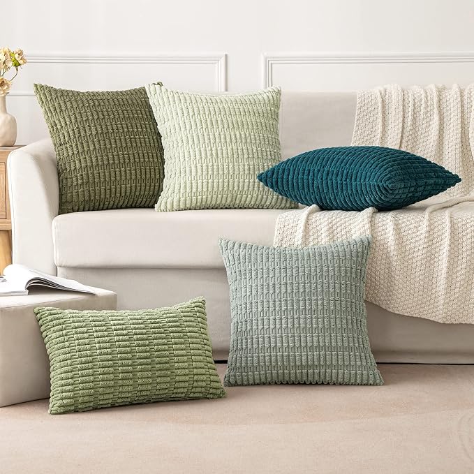 MIULEE Pack of 2 Spring Corduroy Decorative Throw Pillow Covers 18x18 Inch Soft Boho Striped Pillow Covers Modern Farmhouse Home Decor for Summer Sofa Living Room Couch Bed Olive Green - Image 4