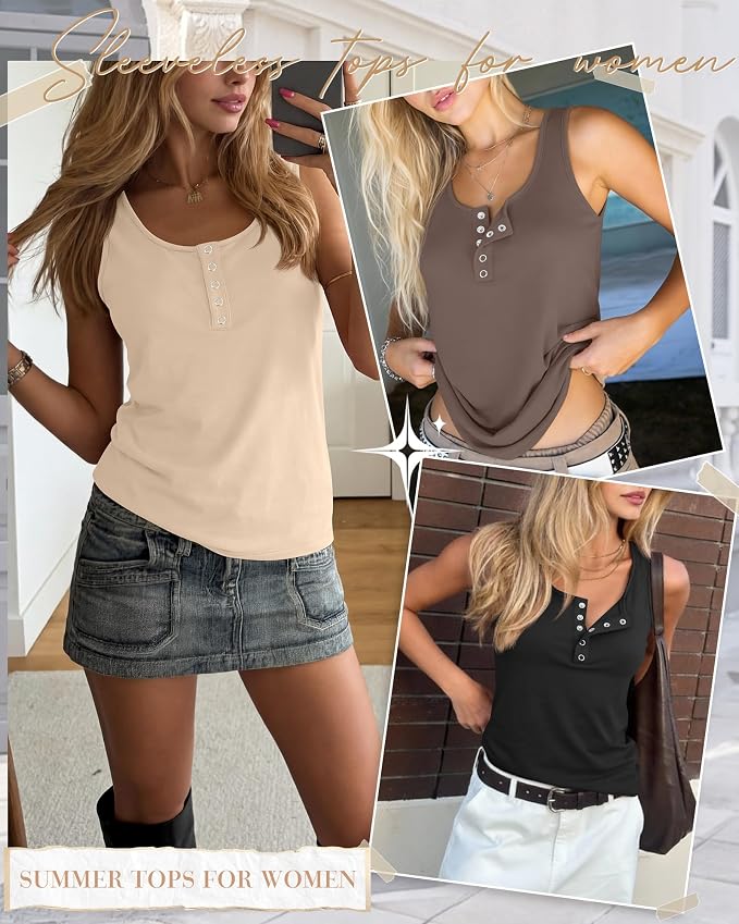 Ficerd 3 Pack Women's Henley Tank Tops Sleeveless Button Down Summer Shirts 2026 Casual Trendy Loose U Neck Tee Blouses - Image 2