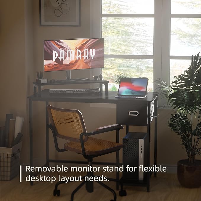 Pamray 39 Inch Small Computer Desk with Monitor Stand and Drawer for Gaming | Small Gaming Desk, for Bedroom Small Spaces, Home Office, Dorm and Apartment, for Writing, Study and Working - Image 4