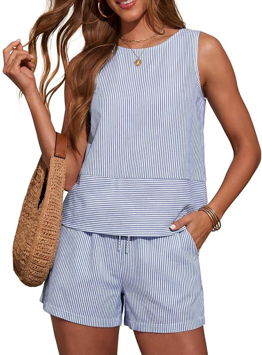 LOMON Women's Trendy 2 Piece Outfits Shorts Sets Summer Crew Neck Sleeveless Tank Top and Bottom Matching with Pockets 2026 by LOMON