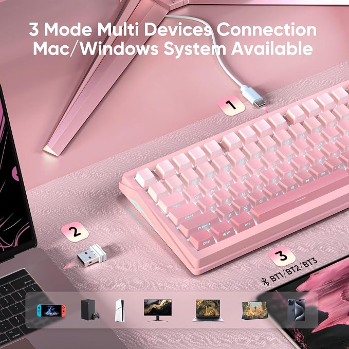 RedThunder K95 Wireless Mechanical Keyboard, TFT Screen & Knob, Triple-Mode, Custom Gasket Mount Hot-Swap, Pre-lubed Linear Pink Switches, RGB Backlit, Side-Printed PBT Keycaps, Gradient Sakura Pink - Image 4