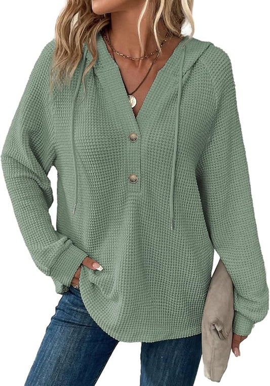 Dokotoo Hoodies for Women Waffle Knit Long Sleeve Drawstring Button V Neck Casual Sweatshirt Hooded Tops Fashion Clothing by Dokotoo