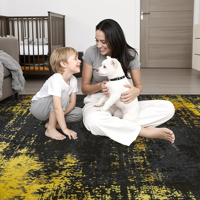 5x8 Area Rug Living Room Rug: Washable Modern Abstract Soft Thin Rug Indoor Floor No Slip Carpet for Bedroom Dining Room Farmhouse Nursery Home Office - Dark Black Gold - Image 8
