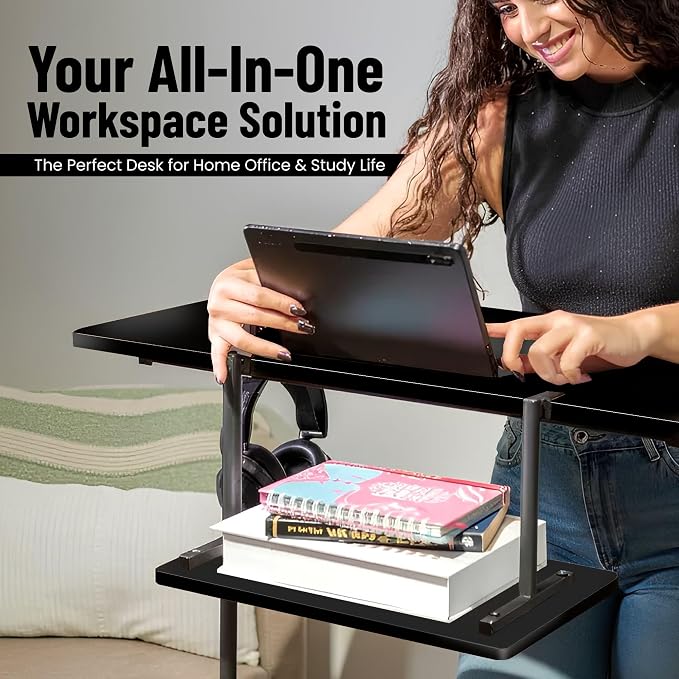 Small Rolling Desk with Wheels, Adjustable Height 27"-43.3" Portable Standing Desk, 31.5"x15.7" Tabletop, Mobile Laptop Computer Table for Home Office Workstation, Black - Image 5