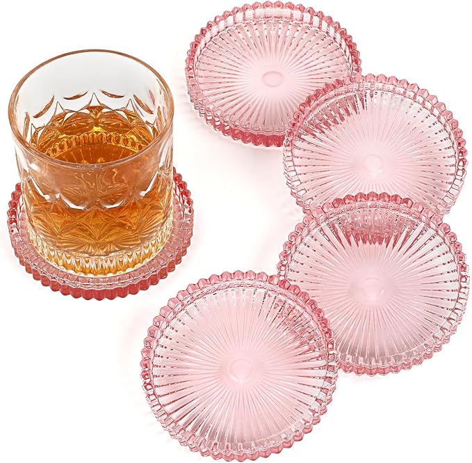 Modern Clear Coaster Set of 5- Glass Coasters for Drinks Crystal Coasters Round Cup Coaster Coffee Table Decor for Office, Kitchen, Bar, Dining Room, Living Room, Patio(Clear Pink) by Unknown
