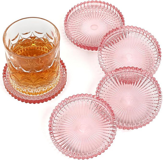 Modern Clear Coaster Set of 5- Glass Coasters for Drinks Crystal Coasters Round Cup Coaster Coffee Table Decor for Office, Kitchen, Bar, Dining Room, Living Room, Patio(Clear Pink) by Unknown