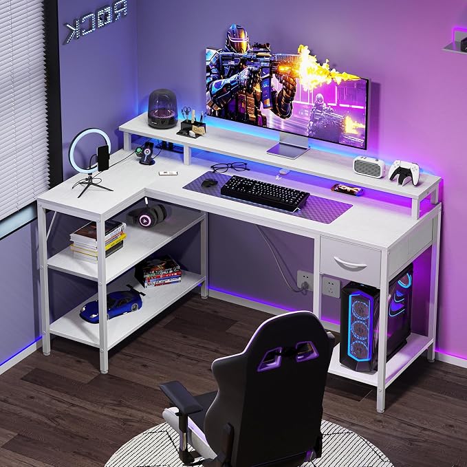 DUMOS 47 Inch Gaming Desk, Monitor Stand, LED Lights, Storage Shelves | USB Charging Ports, Power Outlets, Reversible L Shaped Corner, Small Spaces, White - Image 8
