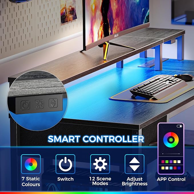 SUPERJARE 53 inch Reversible L Shaped Desk with LED Lights & Power Outlets, Computer Desk with Shelves & Monitor Stand, Gaming Desk with Drawer, Home Office Desk Corner Desk, Grey - Image 5