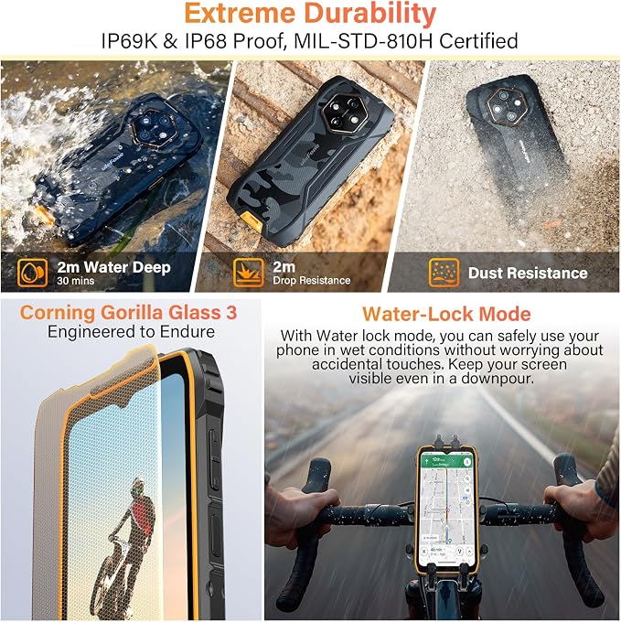 Ulefone RugKing 4 Pro AI Rugged Smartphone, 10000 mAh Battery 16GB + 128GB, 48MP 6.56" 120Hz Android 15, 120LM Super Torch/3 Card Slots/IP68/IP69K/NFC, Package with Exclusive Armor Case- Orange - Image 5
