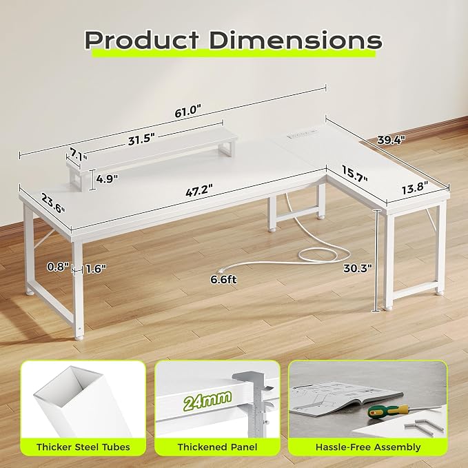 PRAISUN 61" L Shaped Computer Desk, Power Outlets, Monitor Stand, White | USB-C Ports, Reversible Charging Station, Spacious Desktop & Legroom, 0.94 Inch Thick Desktop, for Gaming, Study & Work - Image 3