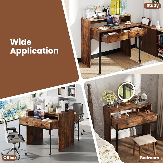 Giantex Small Computer Desk with Hutch & Drawers, Extendable Writing Desk w/Pull Out Secondary Table, Monitor Stand & Rolling Wheels, Console Table, Compact Desk for Small Spaces (Rustic Brown) - Image 8