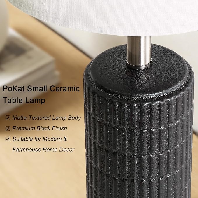 PoKat Small Table Lamps Set of 2 for Bedroom, 20.75'' Matte-Textured Farmhouse Ceramic Bedside Lamps for Night Stands, Stone-Like Modern Lamps for Living Room End Table Hallway Entryway Decor Black - Image 2