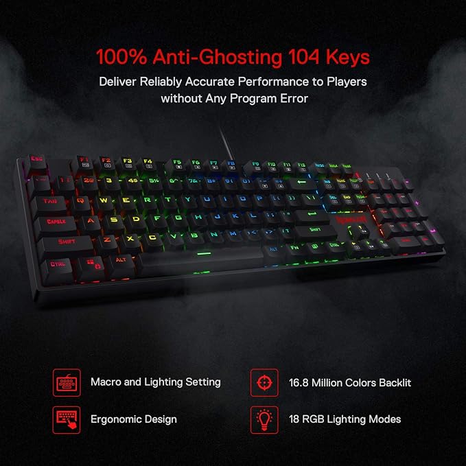 Redragon K582 Wired RGB Mechanical Gaming Keyboard, 104-Key Standard Layout | 16.8M Color Immersive eSports Lighting Vibe, N-Key Rollover for Accurate Combos, 50M-Keystroke Durability, Customize Software - Image 7