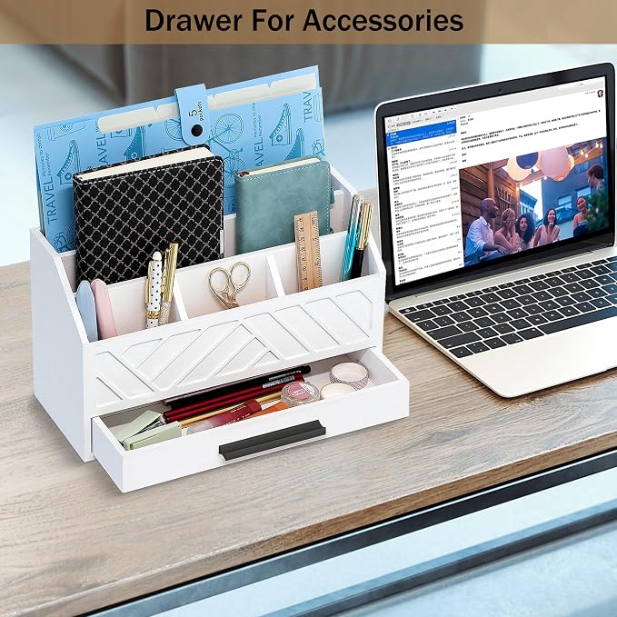 dreampossible Wood Desk Organizer and Accessories with Drawer, Bill Mail Organizer and File Mail Holder for Office Supplies, Modern Desk Accessories & Workspace Organizers for Desk Organization - Image 2