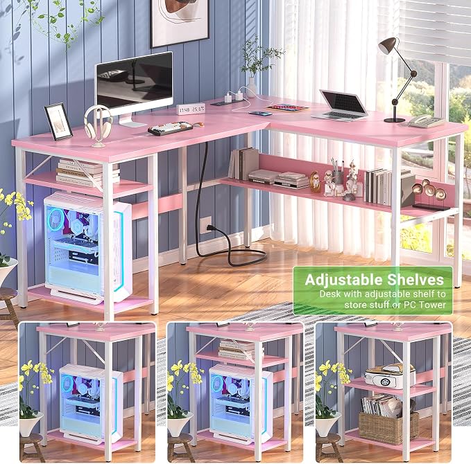 Unikito Reversible L Shaped Desk with Magic Power Outlets and USB Charging Ports, Sturdy Corner Computer Desk with Storage Shelves, Gaming Table Home Office Desk, Easy to Assemble, Pink - Image 4