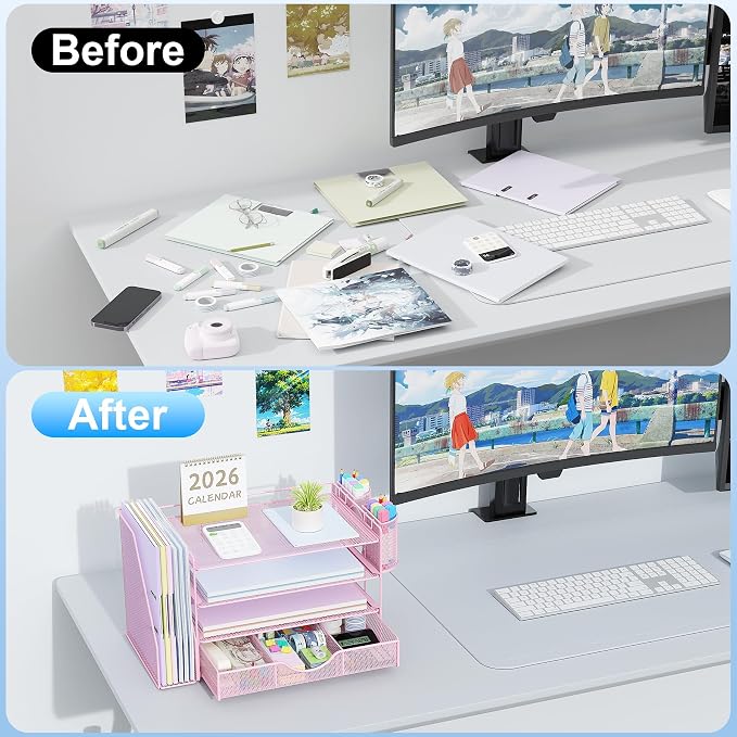 gianotter Desk Organizers and Accessories with File Holder, 4-Tier Desk Accessories & Workspace Organizers with Drawer and 2 Pen Holder, Paper Organizer for Office Supplies (Pink) - Image 2