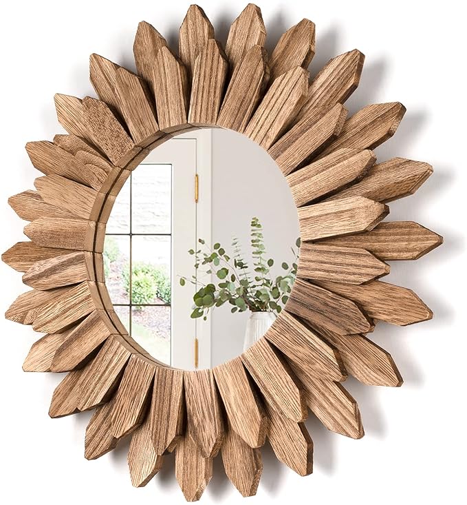 Honiway Wall Mirror Decorative 12 inch Rustic Wood Mirror Sunburst Boho Mirror for Entryway Bedroom Living Room Bathroom House Warming Gifts New Home Essential Carbonized Black by Honiway