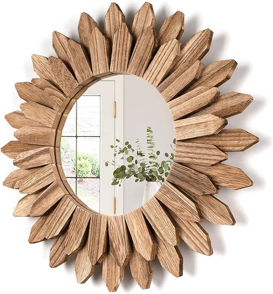 Honiway Wall Mirror Decorative 12 inch Rustic Wood Mirror Sunburst Boho Mirror for Entryway Bedroom Living Room Bathroom House Warming Gifts New Home Essential Carbonized Black by Honiway