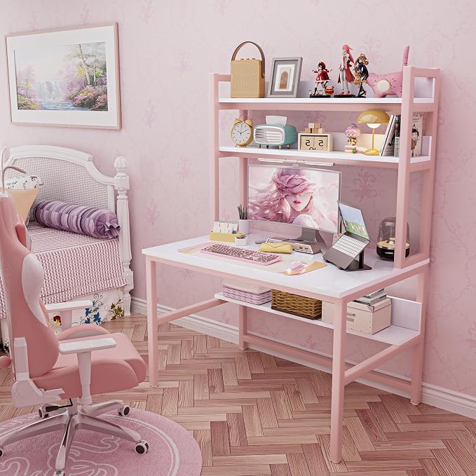 Aquzee Pink Girls Desk Hutch, 47in Woman Computer Desk with Bookshelf & Storage Shelves, Space Saving Girls Writing Study Craft Table for Bedroom Kids Room, White Wood & Pink Iron Home Office Desks - Image 6