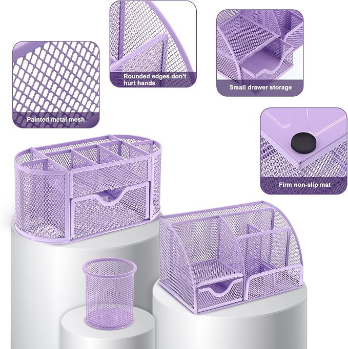 17 in 1 Purple Desk Organizers and Accessories Set, 3 Office Desk Supplies Storage Organization, 4 Pens, Stapler, Staples & Remover, Tape & Dispenser, Scissors, Ruler, Clips, Hole Punch Back to School - Image 3