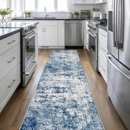 Washable Area Rug 3x14 Entryway Rug: Washable Modern Abstract Soft Thin Rug Indoor Floor No Slip Stain Resistant Carpet for Bedroom Dining Room Farmhouse Nursery Home Office - Blue by FXRHLP
