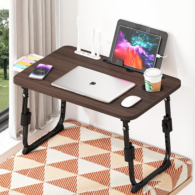 Lap Desk for Bed, Adjustable Laptop Desk with USB Charging Port, Storage Drawer & Bookshelf — Foldable Bed Desk for WFH & Students, 23.6" Desktop Fits 21" Laptop, Non-Slip, Walnut - Image 9