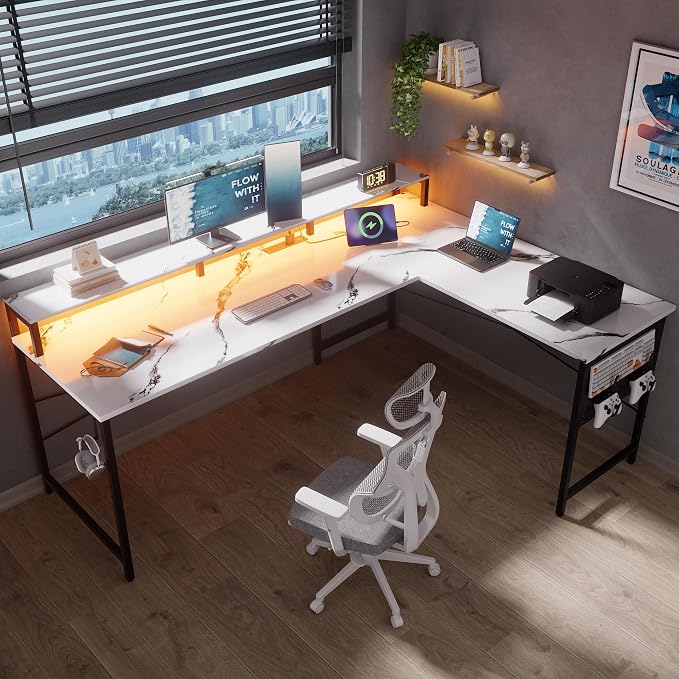 Pamray 64 Inch L Shaped Gaming Desk with Monitor Stand and Power Outlets | Large Corner Computer Desk With Pegboard & Led Lights USB Charging Ports for Home Office Study and Writing Bedroom and Dorms by PAMRAY